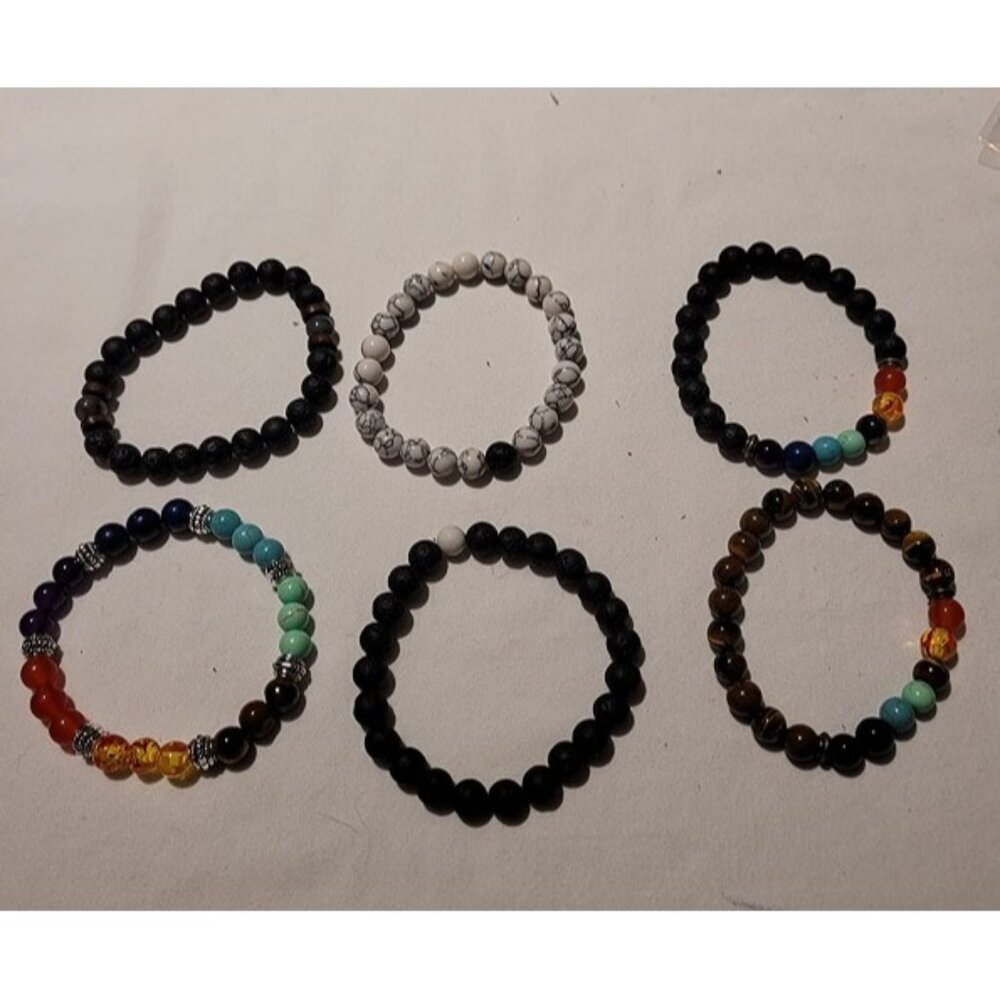 New Black Lava Stone 7 Chakra Bracelets, 8mm Yinyang Rock Bead Elastic Natural